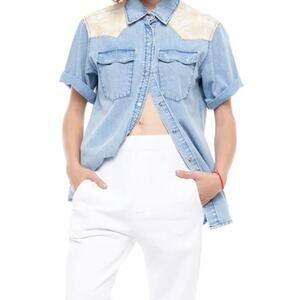 NEW Free People Sandrine Rose Short Sleeve Denim Western Shirt Womens XS